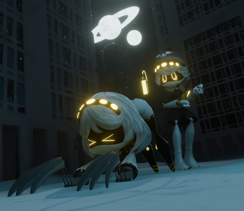 1boy 1girls 3d 3d_(artwork) ass_up background blender blender_(software) city cityscape claws closed_eyes coat glowing_eyes imminent_sex looking_at_another lorded moon moonlight murder_drones n_(murder_drones) pilot_hat planet robot robot_boy robot_girl screen_face serial_designation_n skyscraper snow staring_at_another stars stretching surprised_expression trenchcoat v_(murder_drones) yellow_eyes yellow_light