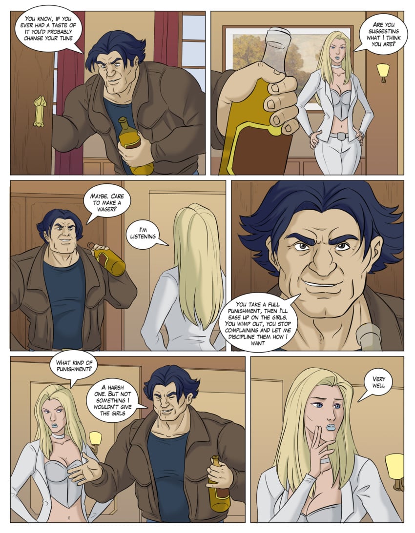 1boy 1girls alcohol alt_cor altcor blonde_hair comic dialogue emma_frost female lipstick logan_(x-men) long_hair male maledom marvel marvel_comics speech_bubble text white_queen wolverine_(x-men) wolverine_and_the_x-men x-men x-men_evolution