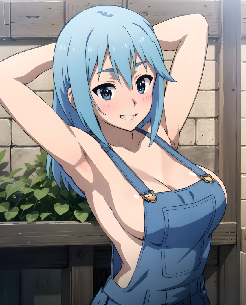 1girls ai_generated aqua_(konosuba) armpits arms_behind_head big_breasts blue_eyes blue_hair breasts busty confident curvy denim female female_only grin hi_res kono_subarashii_sekai_ni_shukufuku_wo! large_breasts long_hair looking_at_viewer no_bra overalls pose posing sensual sexy_armpits sideboob smile solo subaruarm voluptuous