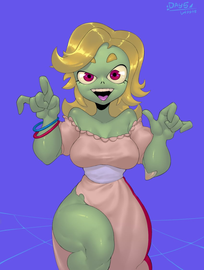 1girls 5_fingers artist_signature bare_shoulders big_breasts blonde_hair blue_eyes breasts clothed clothes clothing eyebrows eyelashes female female_only full_body fully_clothed glitter_zombie_(pvz) green-skinned_female green_skin hips large_breasts leg_up long_hair monster_girl plants_vs_zombies plants_vs_zombies_2:_it's_about_time pvz rollerskates simple_background solo solo_female thick thick_thighs thighs video_games wide_hips zombie zombie_(pvz) zombie_girl