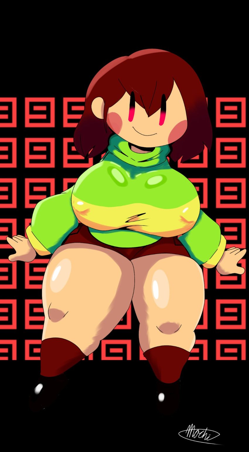 1girls big_breasts chara chara_(mochikirb_style) female looking_at_viewer mob_face mochikirb smiling solo thick_thighs thighs undertale undertale_(series) voluptuous