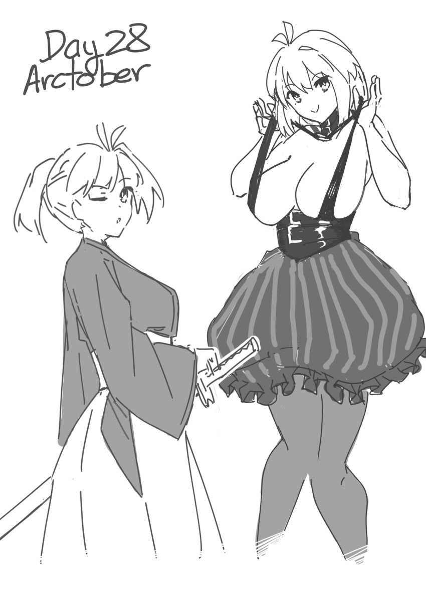 1girls alternate_costume arcueid_brunestud big_breasts blonde_hair cleavage cosplay curvy curvy_figure dress exercise_clothing huge_breasts jonyeld katana melty_blood pantyhose ponytail posing red_eyes samurai samurai_outfit sketch smile tagme thick_thighs top_heavy tsukihime type-moon