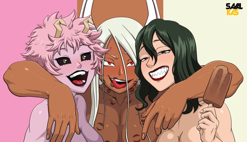 3girls after_kiss after_oral after_sex arms_around_partner athletic black_eyes black_lipstick black_sclera boku_no_hero_academia breasts brown_skin cleavage dark-skinned_female dark_skin green_hair horn horns ice_cream implied_nudity implied_oral implied_sex kiss kiss_mark large_breasts licking light-skinned_female light_skin lips lipstick lipstick_mark lipstick_on_breast lizardy long_hair medium_breasts mina_ashido miruko my_hero_academia nude open_mouth pale_skin pink_hair pink_skin popsicle rabbit rabbit_ears raised_eyebrows red_eyes red_lipstick rumi_usagiyama savalkas setsuna_tokage sharp_teeth short_hair smile smiling sweat sweatdrop threesome tokage_setsuna tongue tongue_out white_hair yellow_eyes yuri