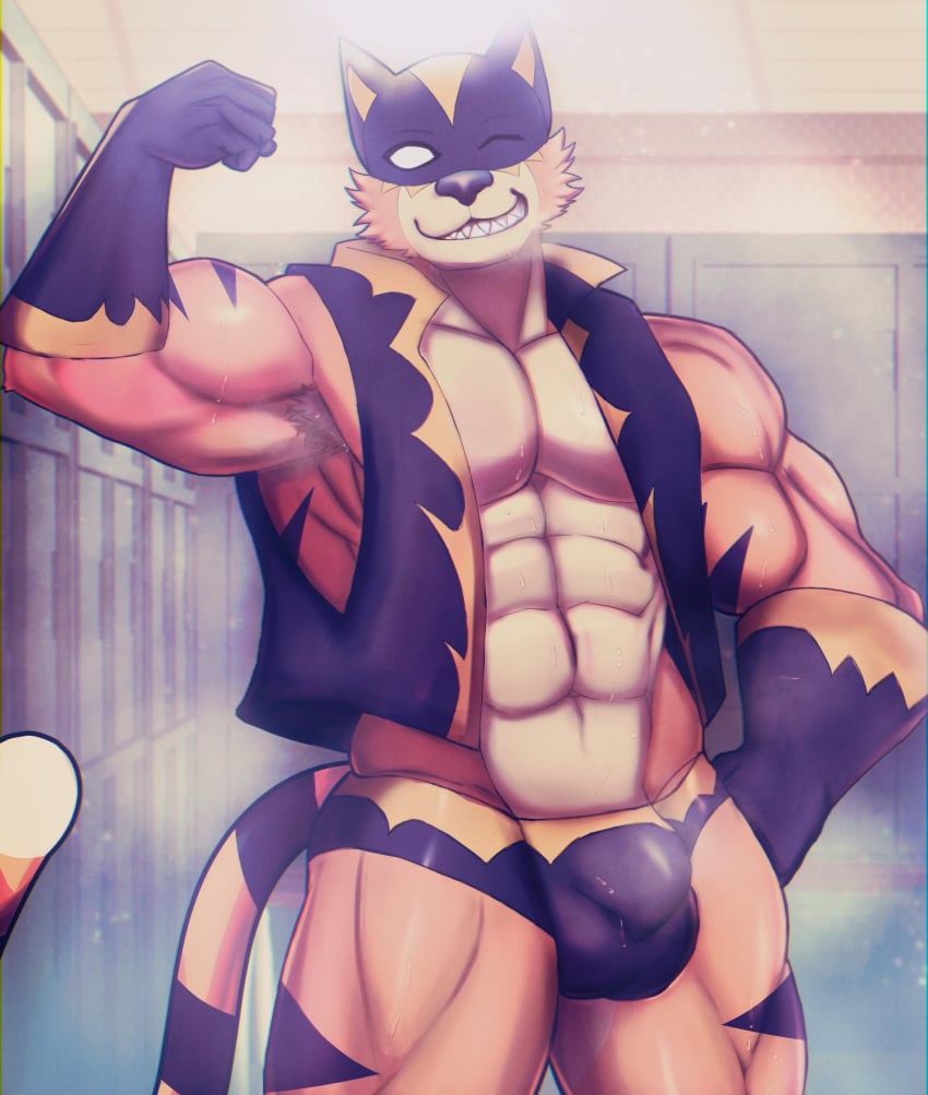 abs absurd_res anthro biceps biped bulge el_fuerte erosterone felid flexing flexing_bicep hi_res looking_at_viewer male mammal muscular muscular_anthro muscular_male one_eye_closed pecs smile smiling_at_viewer solo tail