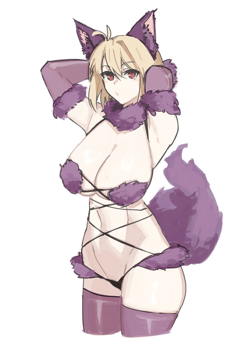 1girls alternate_costume arcueid_brunestud big_breasts blonde_hair blush cat_ears cat_tail catgirl cleavage cosplay curvy curvy_figure dangerous_beast elbow_gloves fate/grand_order fate_(series) fur_bikini fur_collar fur_trim halloween halloween_costume hands_behind_head jonyeld lace-trimmed_thighhighs lace_trim looking_at_viewer mash_kyrielight_(dangerous_beast)_(cosplay) melty_blood plump posing red_eyes slit_pupils smile thick_thighs thighhighs tsukihime type-moon