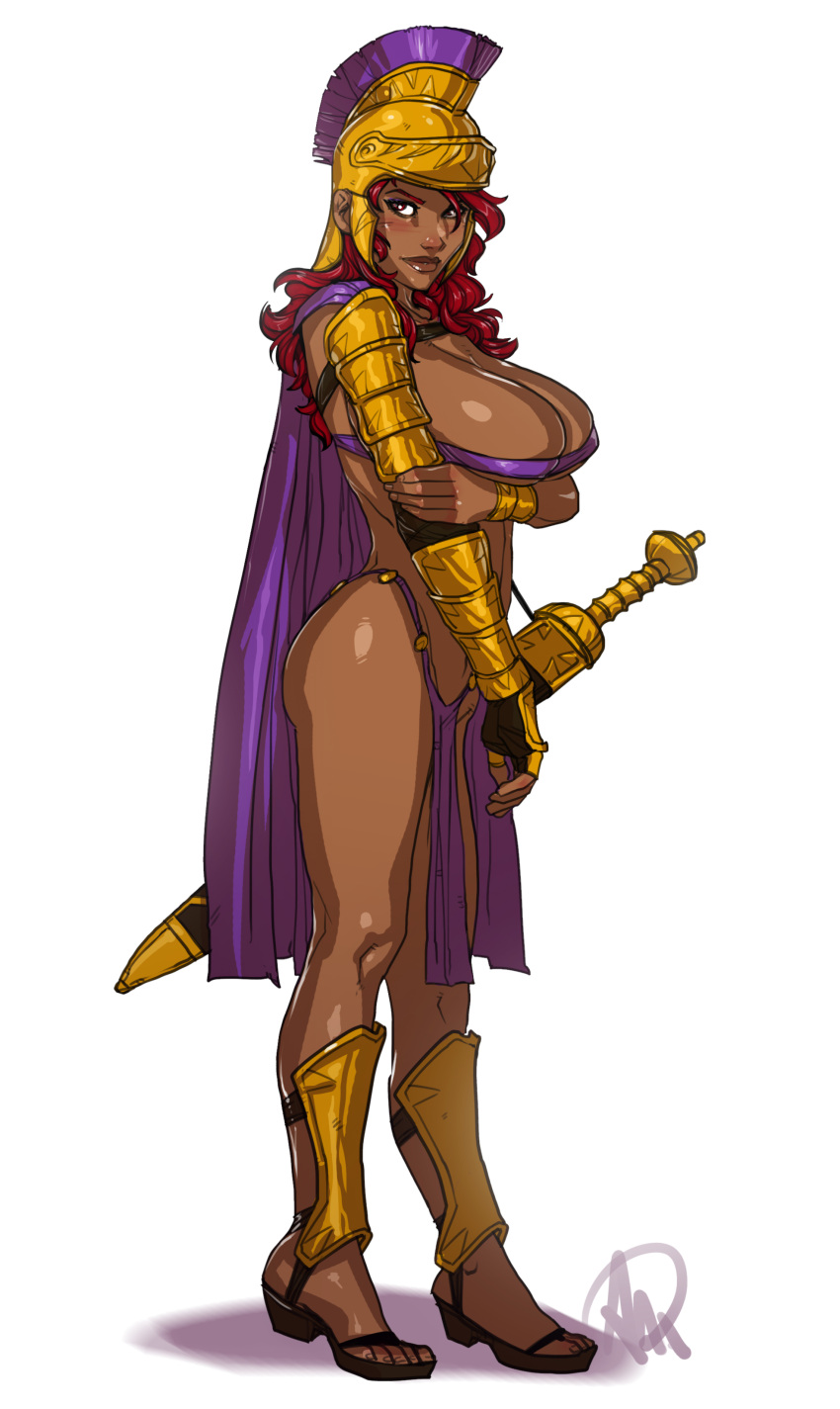 1girls arm_guards armor ass athletic_female bandeau blush breast_hold breasts cape dark-skinned_female dark_skin eyes female female_only female_warrior footwear ganassa gold_armor hair headwear helmet history huge_breasts lips looking_at_viewer original pelvic_curtain purple_cape purple_clothing red_eyes red_hair roman royal_guard sandals sheathed_sword sheathed_weapon shin_guards side_view simple_background solo solo_female sword thick_lips unconvincing_armor weapon white_background