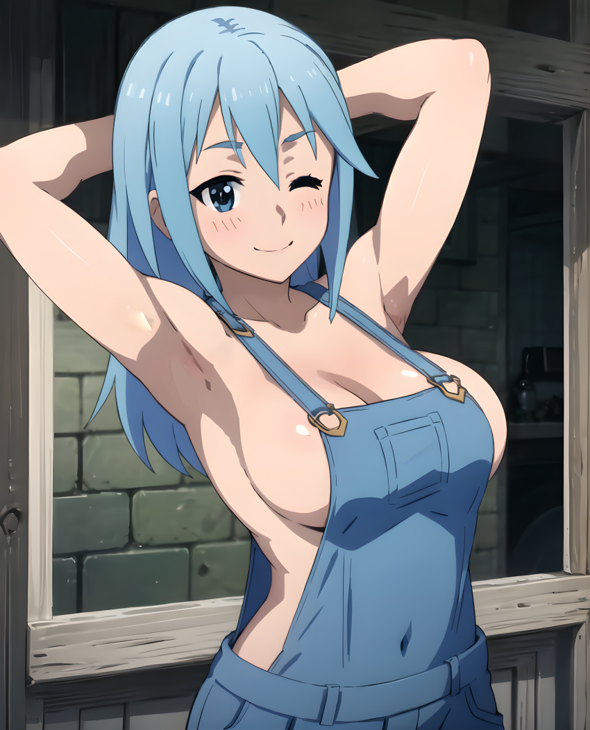 1girls ai_generated aqua_(konosuba) armpits arms_behind_head big_breasts blue_eyes blue_hair breasts busty confident covered_navel denim female female_only hi_res kono_subarashii_sekai_ni_shukufuku_wo! large_breasts long_hair looking_at_viewer no_bra one_eye_closed overalls pose posing sensual sexy_armpits sideboob smile solo subaruarm voluptuous wink