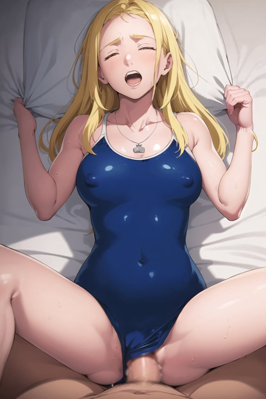 ai_generated blush breasts closed_eyes clothed_female_nude_male clothed_sex erect_nipples first_person_perspective first_person_view grabbing_pillow kofune_ushio lying_on_bed moaning moaning_in_pleasure nipples_visible_through_clothing one-piece_swimsuit pov summertime_render swimsuit swimsuit_aside