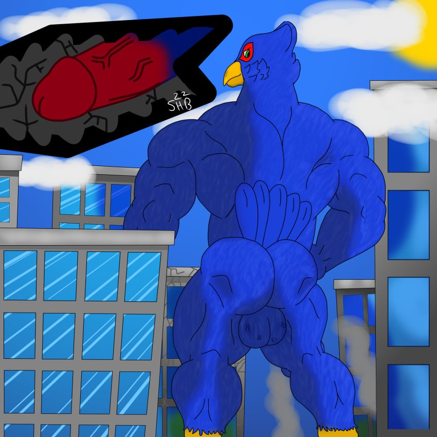 1:1 absurd_res anthro ass back_muscles balls big_balls big_penis blush building building_penetration building_sex cloud destruction falco_lombardi feathers genitals hi_res huge_balls huge_cock hyper hyper_balls hyper_genitalia hyper_penis looking_at_viewer macro macro_penetration male male_only muscular muscular_male nintendo penetration penis rear_view shibidyboop smoke solo star_fox tail_feathers vein veiny_penis video_games