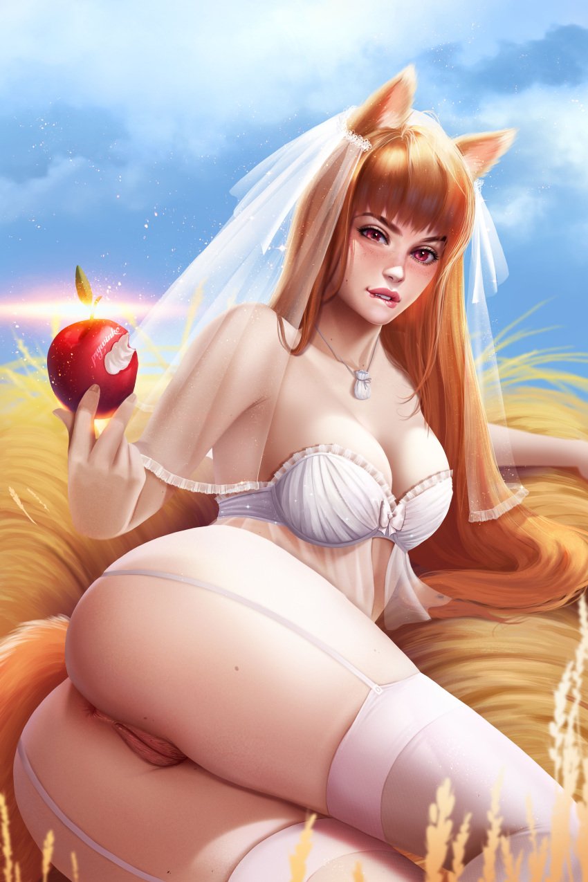 1girls animal_ears animal_tail anus apple big_ass biting_lip bottomless bra bride brown_hair cleavage female female_only freckles garter_straps highres holo long_hair looking_at_viewer medium_breasts necklace on_side orange_hair outside prywinko pubic_hair pussy red_eyes smile solo spice_and_wolf stockings tail thighhighs uncensored veil wedding_veil white_legwear white_panties white_thighhighs wide_hips wolf_ears wolf_girl wolf_tail