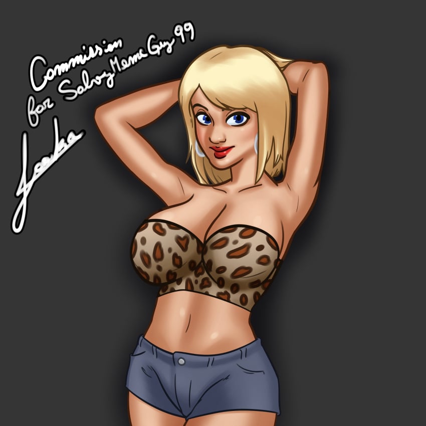 1girls 2d 2d_(artwork) arms_behind_head blonde_hair blonde_hair blue_eyes booty_shorts breasts cleavage clothing digital_drawing_(artwork) digital_media_(artwork) earrings female female_focus female_only huniecam_studio huniepop huniepop_2 jean_shorts jessie_maye joakadraws light-skinned_female light_skin medium_breasts pose posing shorts simple_background smile smiling solo solo_focus