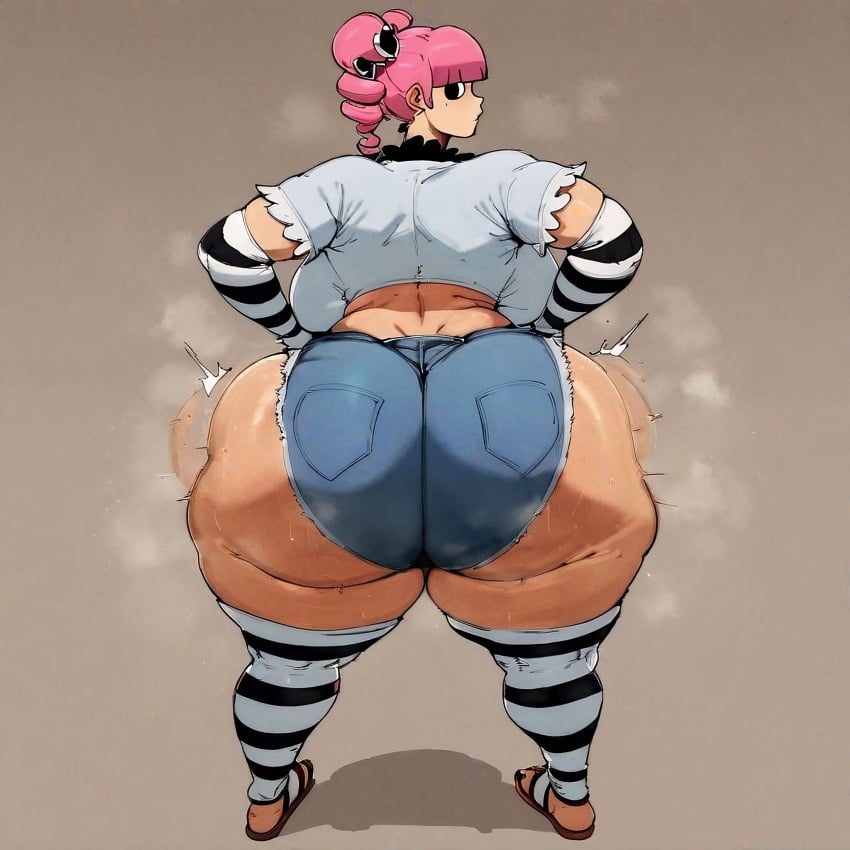 1girls 2d ai_generated ap big_ass big_breasts elbow_gloves facing_away female female_focus female_only full_color huge_ass jean_shorts looking_at_viewer motion_blur motion_lines no_penetration one_piece perona pink_hair solo solo_female solo_focus stable_diffusion striped_legwear sweat tagme thighhighs twerking