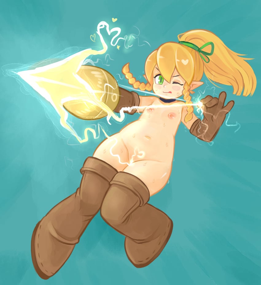 2x_(artist) blonde_hair blue_background blush_stickers boots breasts choker convenient_censoring drawfag energy_weapon gloves green_eyes hair_ribbon heart mega_man mega_man_(classic) nipples nude one_eye_closed pointy_ears ribbon roll small_breasts
