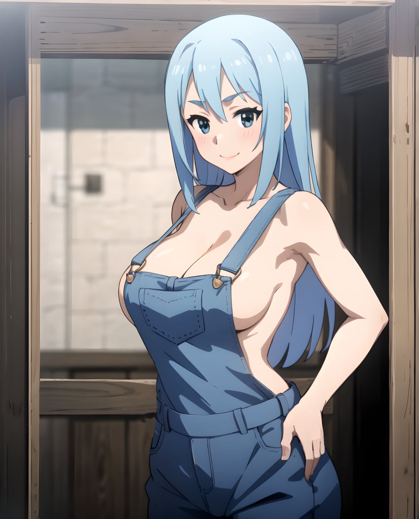 1girls ai_generated aqua_(konosuba) big_breasts blue_eyes blue_hair breasts busty confident curvy denim female female_only from_side hand_on_hip hi_res kono_subarashii_sekai_ni_shukufuku_wo! large_breasts legs long_hair looking_at_viewer naked_overalls no_bra overalls pose posing sensual sideboob smile solo subaruarm thighs voluptuous