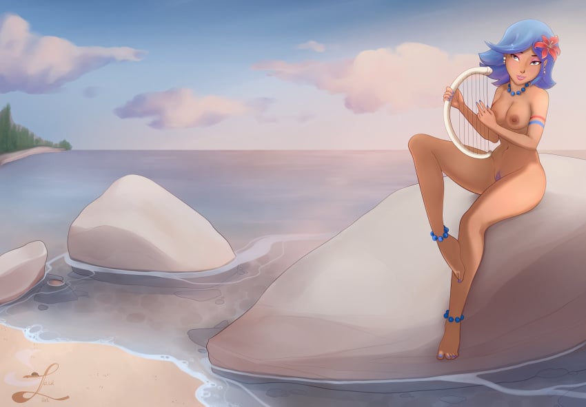 1girls blue_eyes blue_hair commission elwyen_sirene_wu-nympha eyelashes flower flower_in_hair hair_ornament harp looking_at_viewer mardek_rpg medium_breasts necklace nude outdoors painted_nails pearl_necklace pubic_hair seaside sebnmickarts short_hair sitting smile tan_body