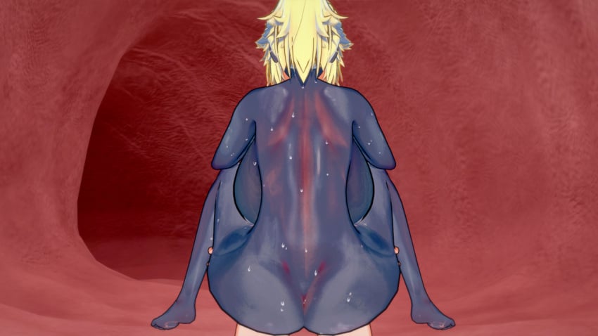 1boy 1girls backboob blackoin blonde_hair fate/grand_order fate_(series) grey-skinned_female grey_body grey_skin large_breasts light-skinned_male mordred_(fate) queen_of_hearts stand_and_carry_position