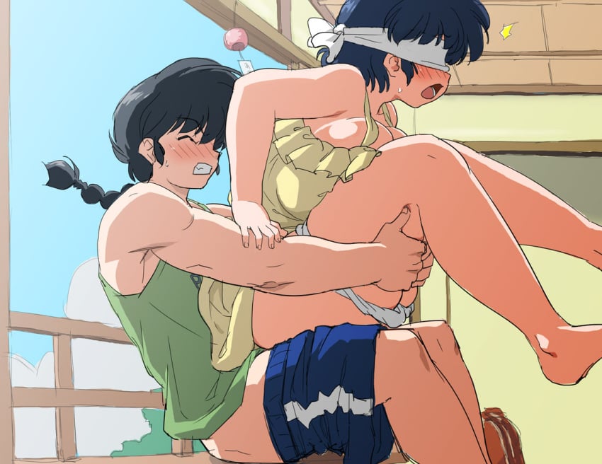 1boy akane_tendo barefoot blindfold blue_hair braid braided_ponytail closed_mouth clothed_sex clothing dress female large_breasts mage_(harumagedon) open_mouth panties panty_pull ranma-kun ranma_1/2 ranma_saotome sex short_hair shorts teeth underwear white_panties