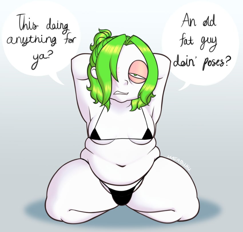 1male 2024 arms_behind_head arms_up artist_signature belly bikini bulge crossdressing donttrustme eye_bags eye_scar fat fat_man front_view fupa green_eyes green_hair hair_up half_updo hands_behind_head humanoid large_moobs large_thighs legs_apart male_focus male_only missing_eye moobs oc on_knees original original_character scar simple_background solo solo_focus solo_male speech_bubble string_bikini talking_to_viewer toony white_body white_skin