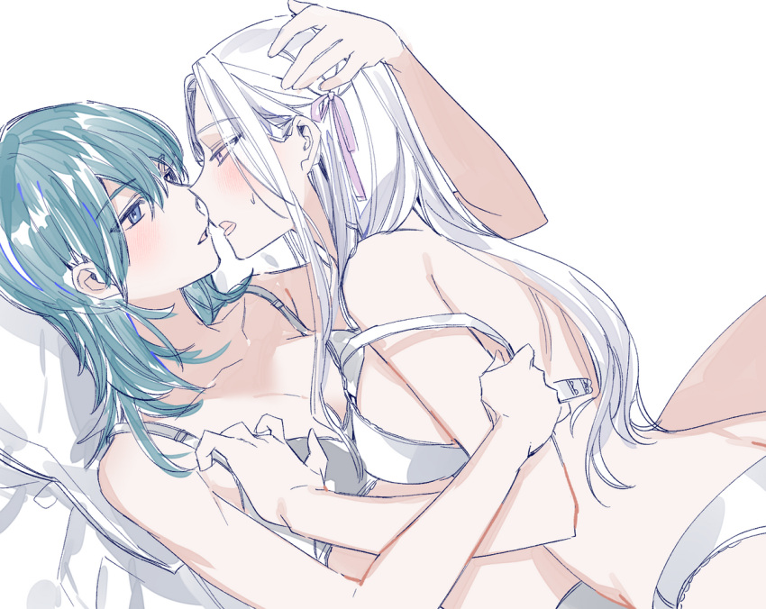 2girls bare_shoulders bed blue_eyes blush bra bra_slip breasts byleth_(female)_(fire_emblem) byleth_(fire_emblem) cleavage commentary_request cowgirl_position edelgard_von_hresvelg female female_only fire_emblem fire_emblem:_three_houses fresa_pie green_hair grey_bra grey_panties hair_between_eyes hair_ribbon imminent_kiss looking_at_another lying medium_breasts multiple_girls nintendo on_back open_mouth panties pillow purple_eyes ribbon sideboob sweatdrop underwear underwear_only white_bra white_hair white_panties yuri