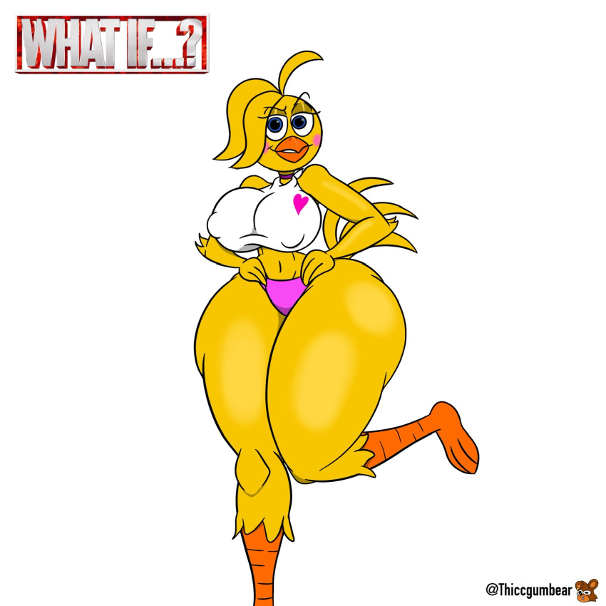 animatronic belly belly_button bib big_ass big_breasts big_butt blue_eyes blue_pupils cheek_spots chicken choker digital_media_(artwork) eyebrows eyelashes feathered_tail feathers five_nights_at_freddy's five_nights_at_freddy's_2 fnaf furry heart hip_grab hips makeup nipple_bulge nipples panties pink_panties thiccgumbear thick_thighs thighs toy_chica_(fnaf) white_background yellow_body yellow_fur yiff