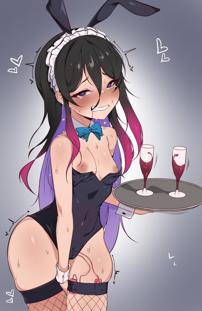 1girls acting_innocent alice_hoshihime black_hair breasts breasts_out bunny_ears bunnysuit cumming drool drooling fake_animal_ears fake_rabbit_ears fake_smile female female_only heart_eyes kamihoshi_project kkrazyyyy1 light-skinned_female light_skin looking_at_viewer multicolored_hair nipples orgasm_face original_character_do_not_steal original_female_character pettanko purple_eyes serving_tray sex_toy shaking_lines simple_background small_breasts smiling_at_viewer solo sweat sweating vibrator vibrator_cord vibrator_in_leg_garter vibrator_in_pussy vibrator_in_thighhighs vibrator_under_clothes