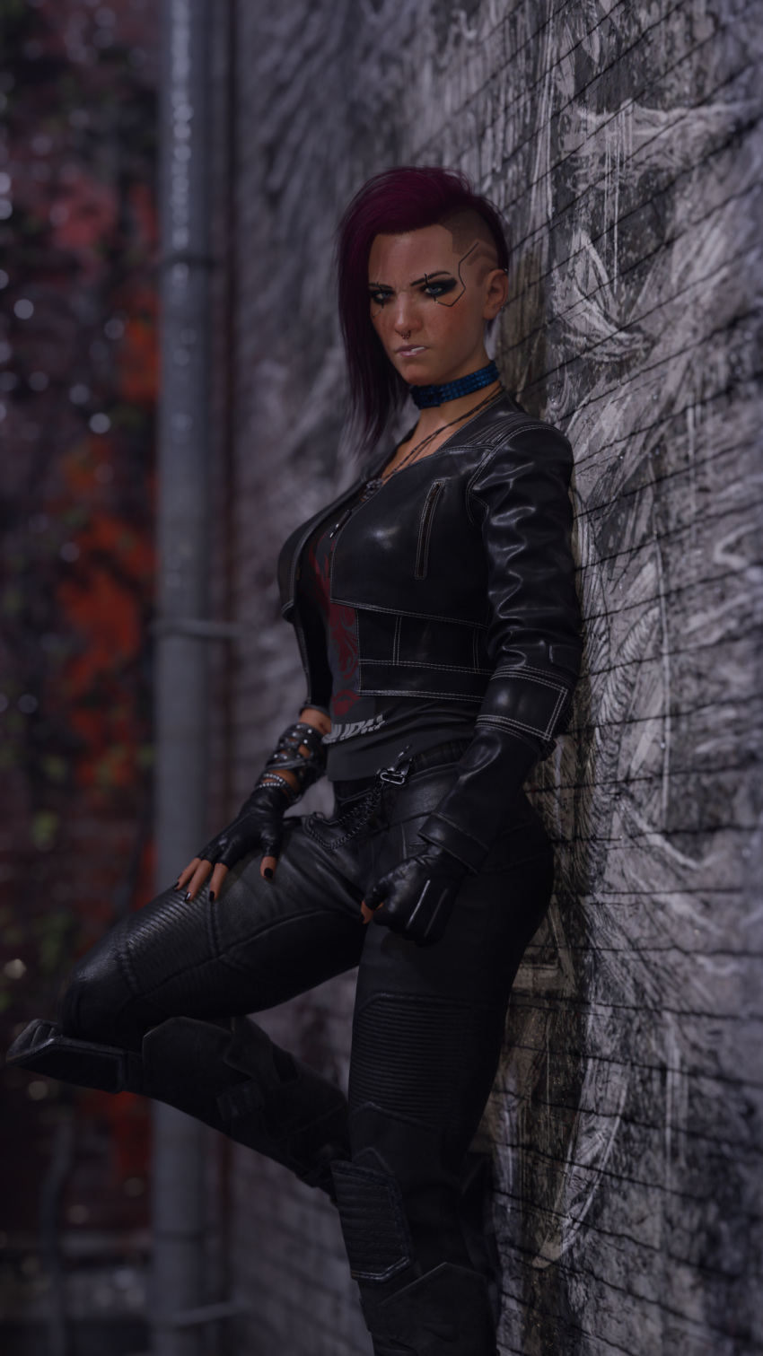 3d blender_(software) choker cyberpunk_2077 leaning leather_jacket realistic solo_female v_(cyberpunk_2077) valerie_(cyberpunk_2077) vessel3d