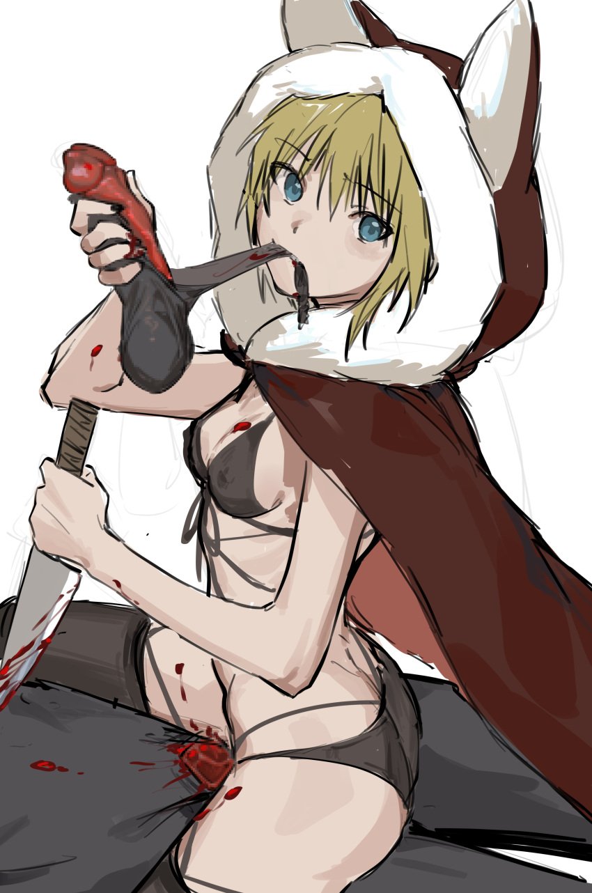 1boy 1girls animal_ear_hood biting_foreskin black_souls black_souls_2 blonde_hair blood blue_eyes cannibalism cape castration dismemberment femdom gore guro hood knife light-skinned_female looking_at_viewer nude pulling_foreskin red_hood_(black_souls) skimpy_clothes straydogshelter