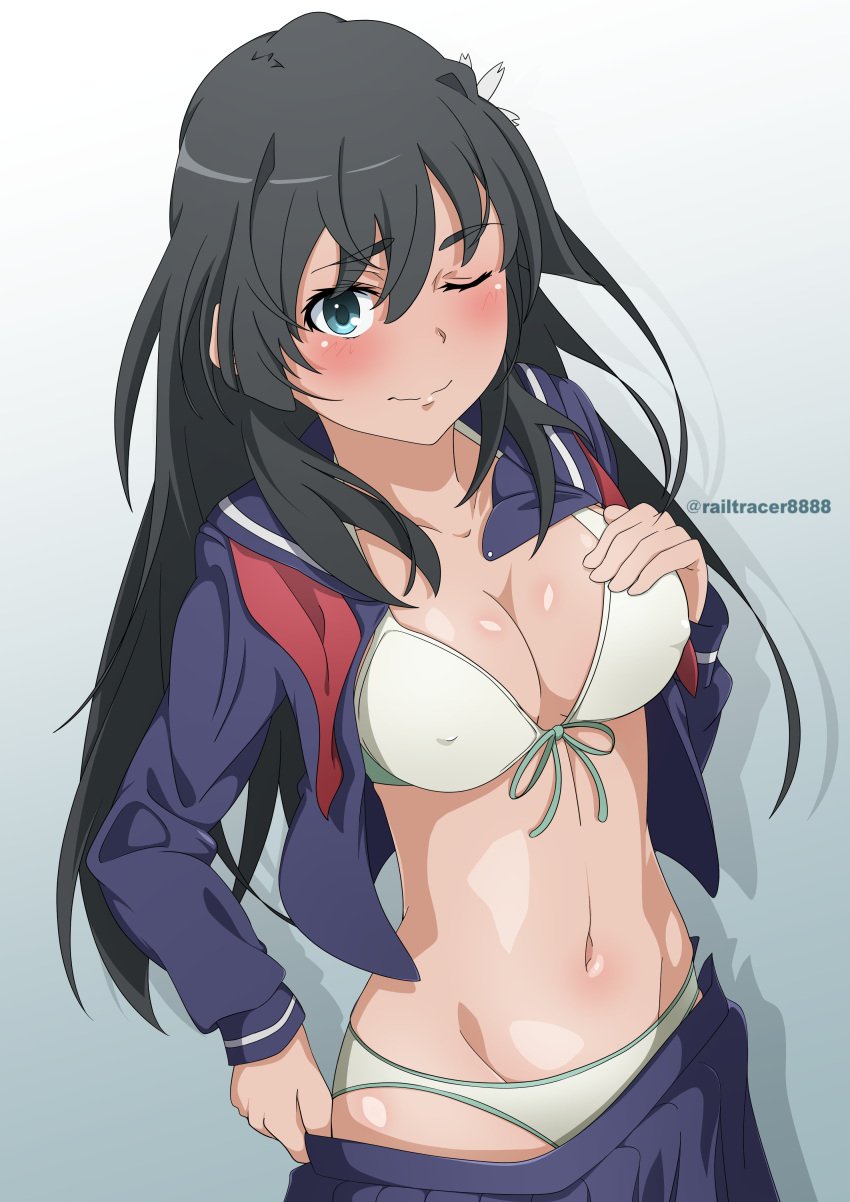 1girls big_breasts bikini black_hair blue_background blue_sailor_collar blue_serafuku blue_shirt blue_skirt breasts busty cleavage cowboy_shot front-tie_bikini_top front-tie_top green_eyes hat highres large_breasts long_hair navel neckerchief one_eye_closed open_clothes open_shirt presenting railtracer8888 red_neckerchief sailor_collar sailor_hat sakugawa_school_uniform saten_ruiko school_uniform serafuku shirt skirt smile solo swimsuit to_aru_kagaku_no_railgun to_aru_majutsu_no_index undone_neckerchief undressing white_bikini winter_uniform