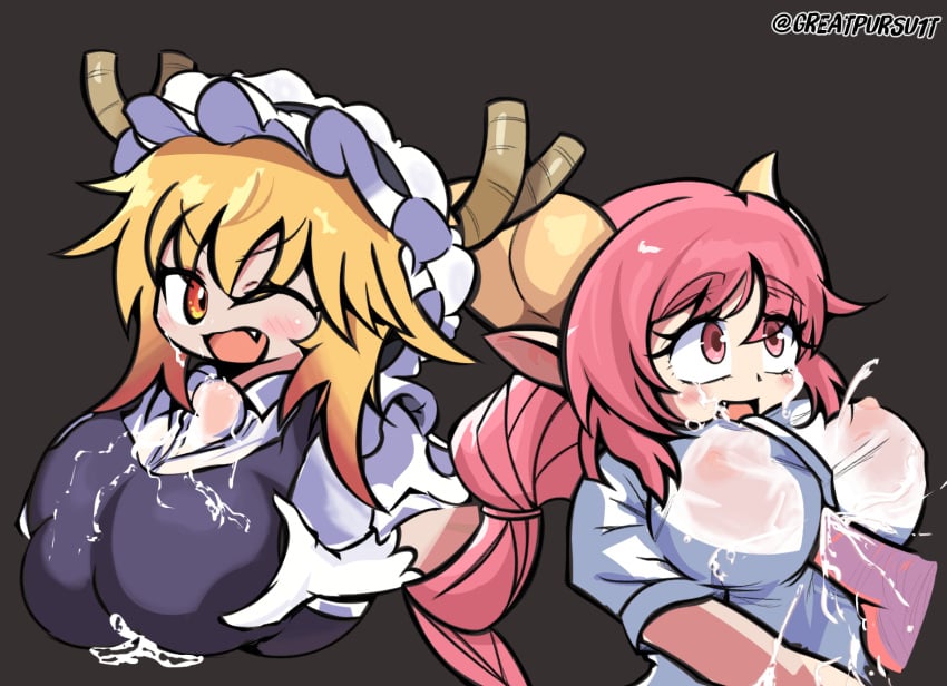 cumshot cumshot_in_chest facial greatpursu1t ilulu_(dragon_maid) kobayashi-san_chi_no_maidragon miss_kobayashi's_dragon_maid paizuri paizuri_under_clothes pink_eyes pink_hair shortstack tohru_(dragon_maid) wet_clothes