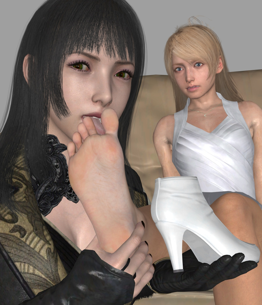 2girls 3d 3d_model 3d_render blonde_female female female_only final_fantasy final_fantasy_xv foot_fetish foot_focus foot_lick foot_worship gentiana hime_cut lunafreya_nox_fleuret multiple_girls tagme tingleoz