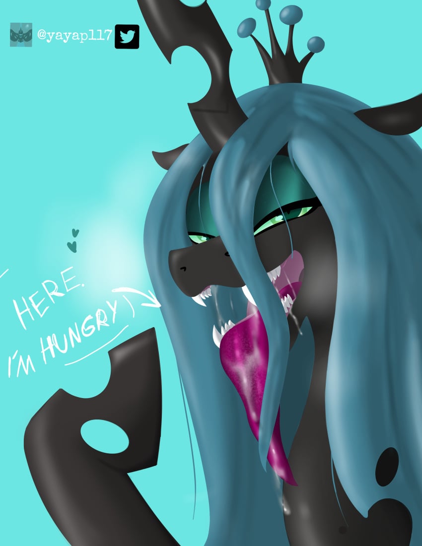 absurd_res ahega bodily_fluids elelite english_text equid equine female feral friendship_is_magic green_eyes green_hair grey_body hair hasbro hi_res horn mammal my_little_pony open_mouth queen_chrysalis_(mlp) saliva solo teeth text tongue tongue_out