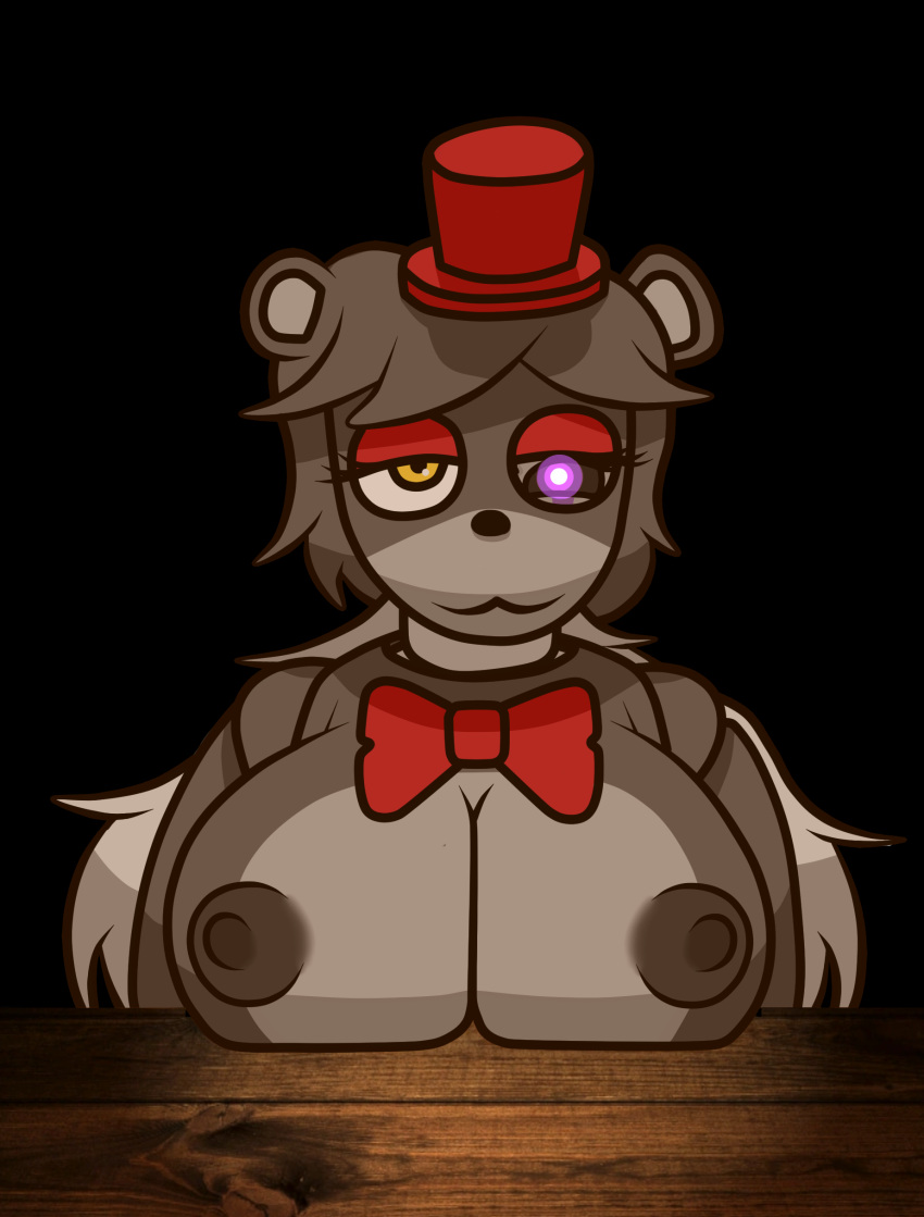 1girls animatronic bear bear_ears best_2022 big_breasts bowtie breasts busty_lefty female female_only five_nights_at_freddy's freddy_fazbear's_pizzeria_simulator hair hat lefty lefty_(fnaf) looking_at_viewer nipples robot robot_girl rule_63 table yellow_eyes zaftero_(artist)