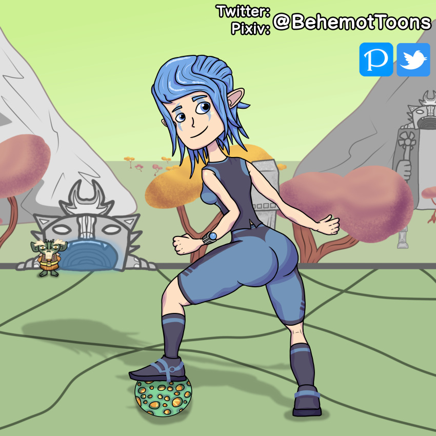 ass ass_focus ball blue_eyes blue_hair cloe dat_ass elf_ears looking_at_viewer looking_back sendokai sendokai_champions short_hair shorts