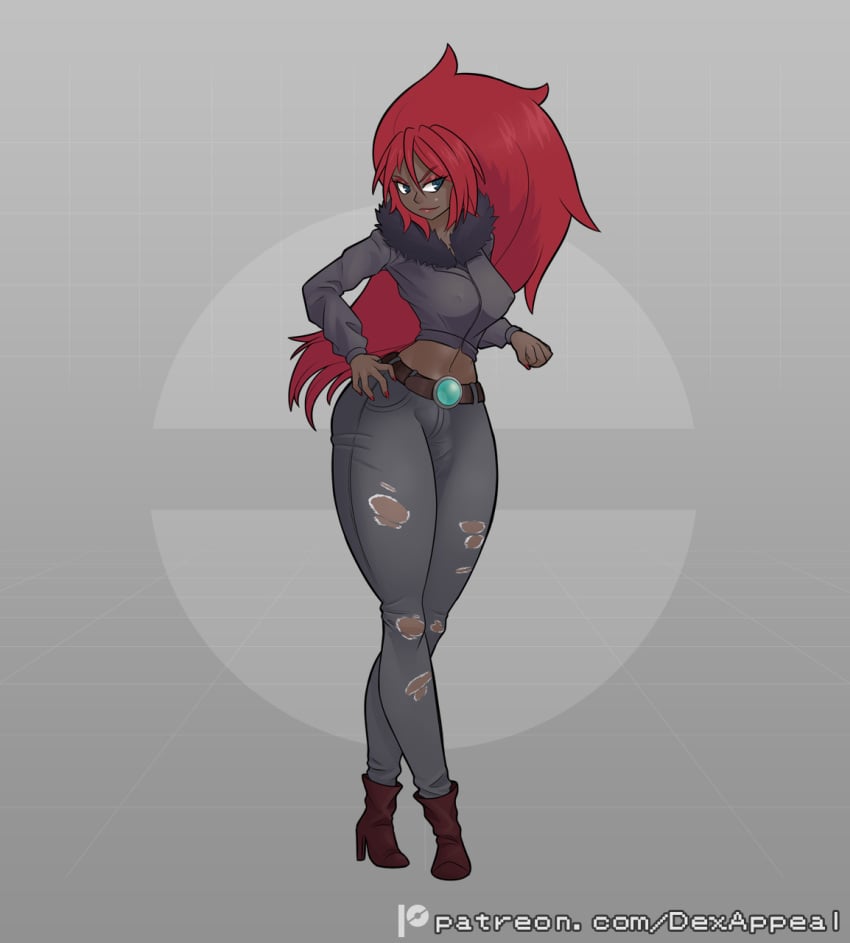 1futa breasts bulge bulge_through_clothing clothed clothing dark-skinned_futanari dark_skin dex_appeal disguise full-package_futanari fully_clothed fur_coat futa_only futanari high_heel_boots high_heels human human_disguise human_form jeans naval nintendo pants pants_bulge pokemon pokemon_(species) red_hair red_nail_polish red_nails solo standing zoroark