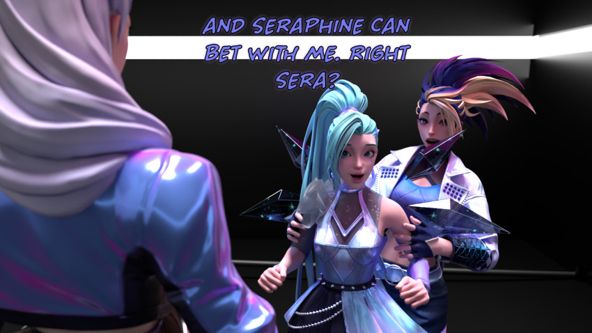 3d 3d_(artwork) 3girls akali blender blender_(software) blender_cycles blonde_hair blue_hair clothed erevos evelynn female_only gloves holding_another's_arm image_set jacket k/da_all_out_akali k/da_all_out_evelynn k/da_all_out_seraphine k/da_all_out_series k/da_series league_of_legends seraphine_(league_of_legends) skirt teal_hair two_tone_hair white_hair yellow_eyes