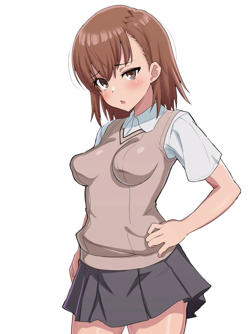 1girls breasts brown_eyes brown_hair covered_erect_nipples covered_nipples erect_nipples_under_clothes gokuto-kun_(imakiyo) half-closed_eye hand_on_hip highres kageusugokuto legs looking_at_viewer medium_breasts medium_hair misaka_mikoto open_mouth pose posing puffy_nipples school_uniform sensual skirt solo thighs to_aru_kagaku_no_railgun to_aru_majutsu_no_index