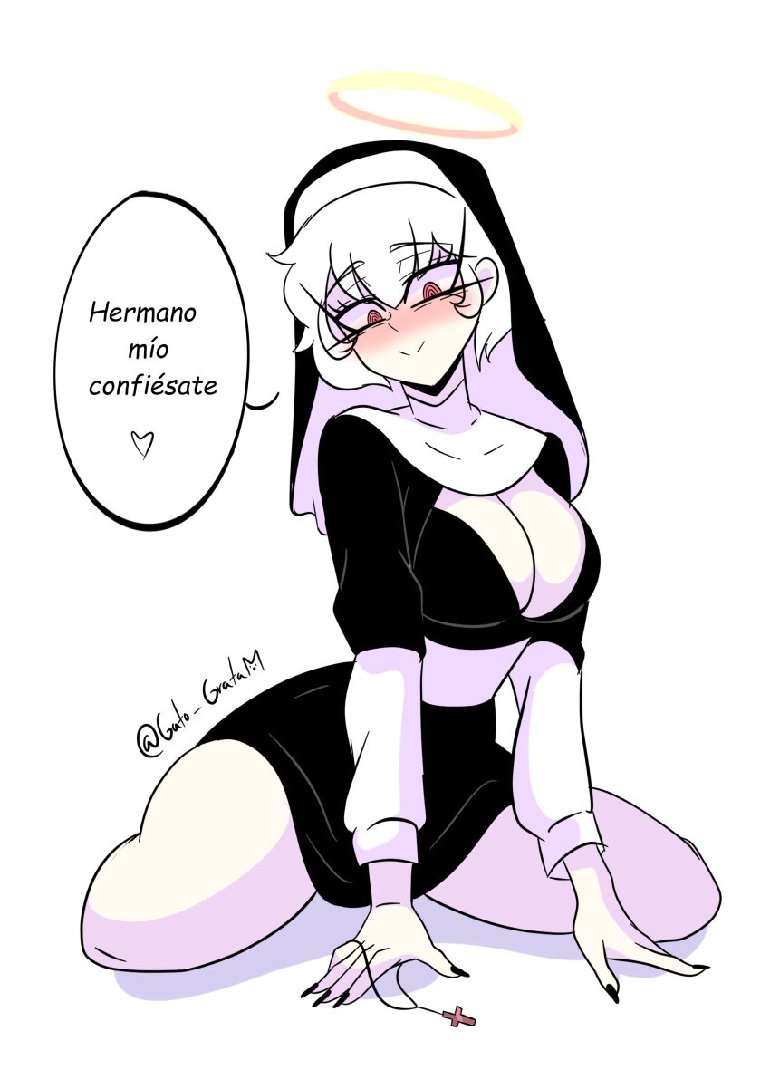 albedo_(ben_10) albedo_(chaquetrix) alternate_costume ben_10 black_dress black_nails cleavage cosplay cross gato_gratam halo human nun nun's_habit pantyhose red_eyes sharp_fingernails short_hair spanish_text thick_thighs tights white_hair white_pantyhose white_tights