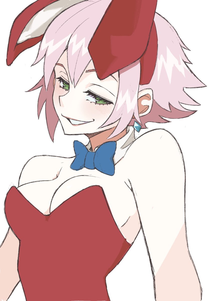 blue_bowtie bowtie bunny bunny_costume bunny_ears bunny_girl bunnygirl bunnysuit cleavage earrings flcl green_eyes haruko_haruhara pink_hair red_bunny_ears red_bunnysuit red_clothing sin_salt_(artist) smirk white_background