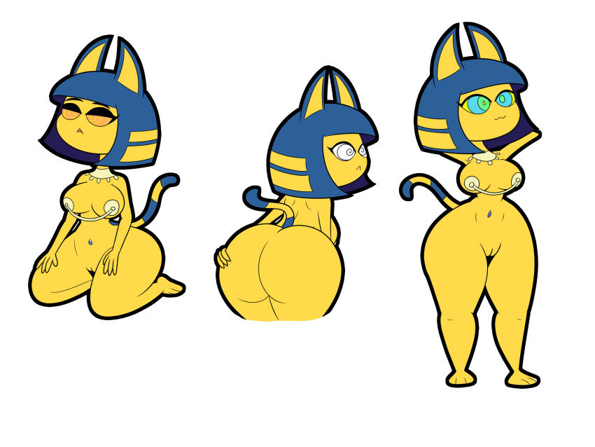 4:3 :3 animal_crossing ankha ankha_(animal_crossing) anthro apopop ass big_breasts big_butt breasts domestic_cat felid feline felis female front_view frown genitals hand_on_butt hands_behind_head hi_res huge_breasts hypnosis kneeling mammal mind_control mostly_nude multiple_poses nintendo pasties pose pussy rear_view simple_background solo spiral_eyes video_games