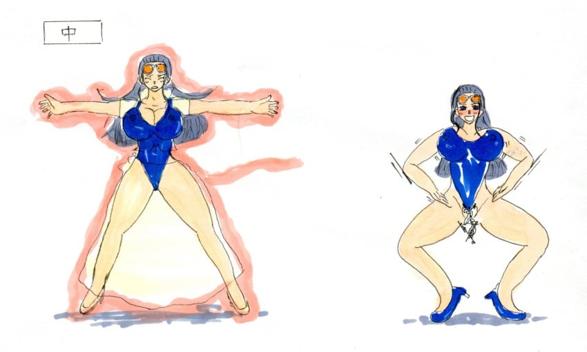 beam before_and_after blush breasts female female_only femsub haigure happy_trance high_heels kasuba large_breasts leotard nico_robin one_piece post-timeskip spread_legs