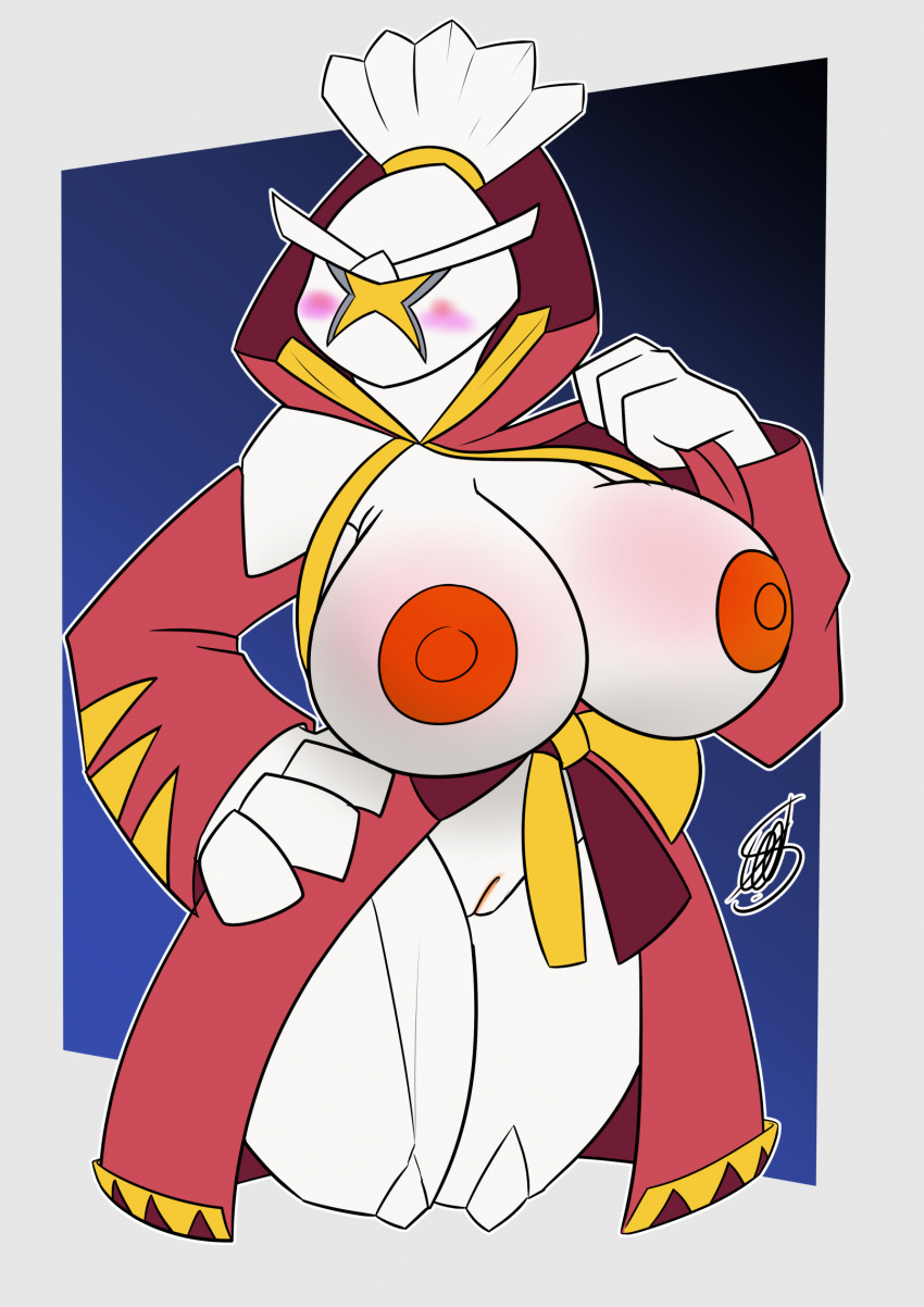 1_eye 2023 4_fingers areola big_areola big_breasts blue_background blush body_blush border bottomless breast_blush breasts cape clothed clothing colored exposed_breasts exposing eyebrows female fingers generation_7_pokemon genitals hair hand_on_clothing hand_on_hip hand_on_own_hip hi_res humanoid kartana looking_away mostly_nude nintendo nipples no_pupils orange_nipples pokemon pokemon_(species) presenting pseudo_hair pussy red_cape red_clothing shieradevil signature simple_background solo thick_thighs tied_hair ultra_beast unibrow white_body white_border x_marking yellow_sclera