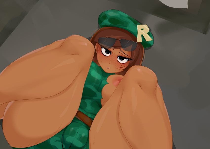 1girls areolae beret breasts cami_(project_remix) camouflage green_clothing hat looking_at_viewer nipples project_remix pussy_visible_through_clothes ripped_clothes ripped_clothing roblox roblox_game robloxian scar squishyte sunglasses tan_skin thick_thighs thighs