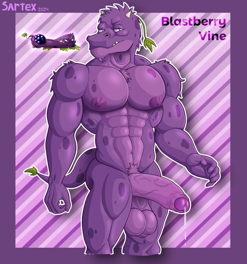 2024 abs absurd_res anthro balls berry big_penis blastberry_vine bodily_fluids electronic_arts elemental_creature elemental_humanoid flora_fauna fur genital_fluids genitals glans hi_res horn humanoid looking_at_viewer male male_only muscular muscular_anthro muscular_male navel nipples pecs penis plant plant_humanoid plantie plants_vs_zombies plants_vs_zombies_2:_it's_about_time popcap_games precum purple_body purple_fur reference_image saggy_balls sartex signature simple_background solo tail text upper_teeth vine