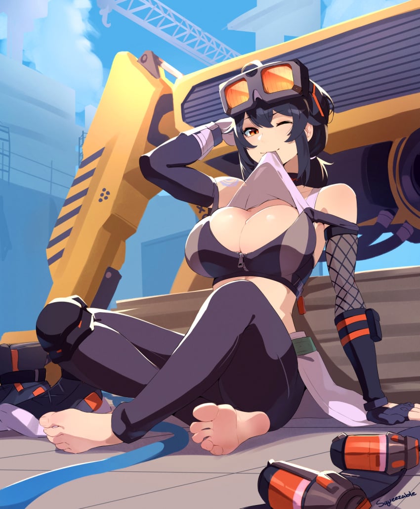 feet fishnet_armwear fishnets foot_fetish goggles_on_head grace_howard large_breasts muscular_female squeezable tagme tagme_(artist) zenless_zone_zero