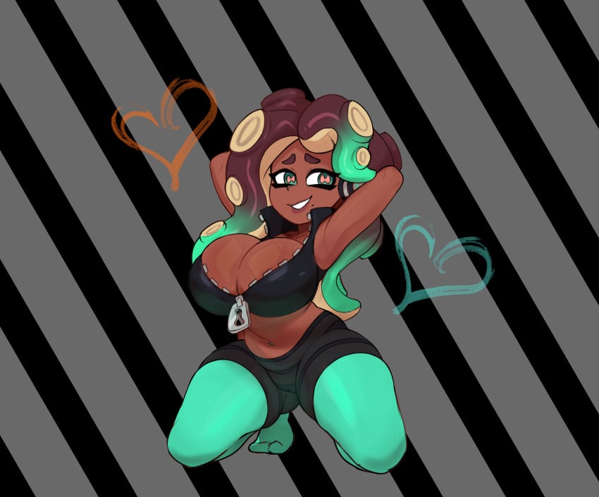 1girls beauty_mark belly belly_button belly_button_piercing big_breasts cadslime dark-skinned_female dark_skin female female_focus female_only green_eyes hands_behind_head leggings looking_at_viewer marina_(splatoon) mole mole_under_mouth navel navel_piercing octoling smile smiling smiling_at_viewer solo solo_female solo_focus splatoon splatoon_2 tentacle_hair thick_thighs thighs