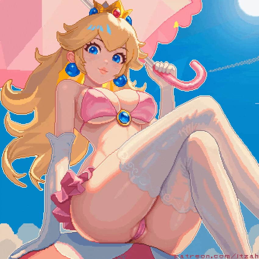 1girls animated ass bikini blonde_hair blue_eyes bra breasts cameltoe clothing crossed_legs crown dress female female_only gloves itzah kneehighs legs_crossed long_hair looking_at_viewer looking_down mario_(series) mushroom nintendo outdoors panties pixel_art princess_peach sitting solo solo_female stockings super_mario_bros. tagme thighs umbrella upskirt worm's-eye_view