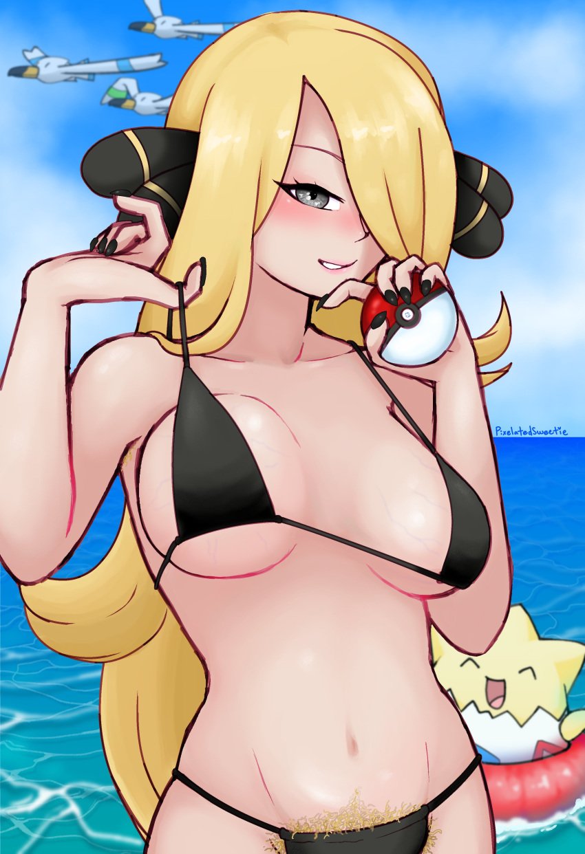 1girls 2021 armpit_hair big_breasts bikini bikini_top black_bikini black_eyes blonde_hair blush bottomwear breasts cleavage cynthia_(pokemon) female female_focus game_freak hair hair_over_one_eye hips huge_breasts long_hair mature mature_female mature_woman navel pixelatedsweet pokeball pokemon pokemon_(species) pokemon_dppt pubic_hair_peek shiny_pokemon swimwear thighs topwear veiny_breasts