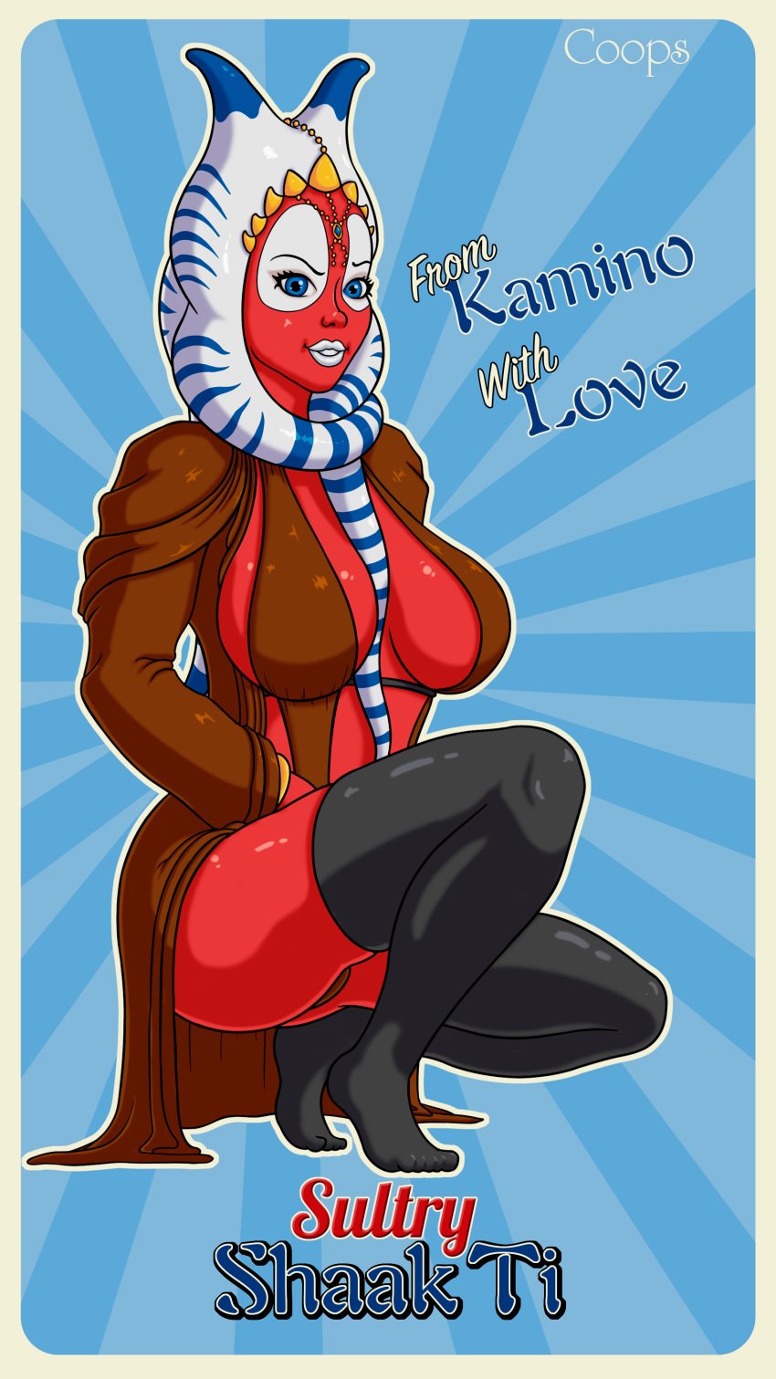 1girls alien_girl alien_humanoid big_breasts blue_eyes breasts elfo42xd female jedi lekku looking_at_viewer montrals red_body revealing_clothes shaak_ti star_wars text thick_thighs thighhighs thighs