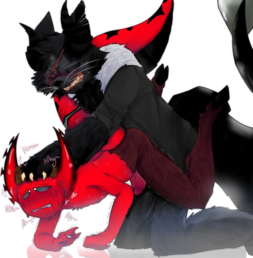 anthro anthro_only black_cat demon demon_cat diphallia diphallism feline furry gay multi_genitalia multi_penis oc original_character penis red_skin scar_across_eye snake