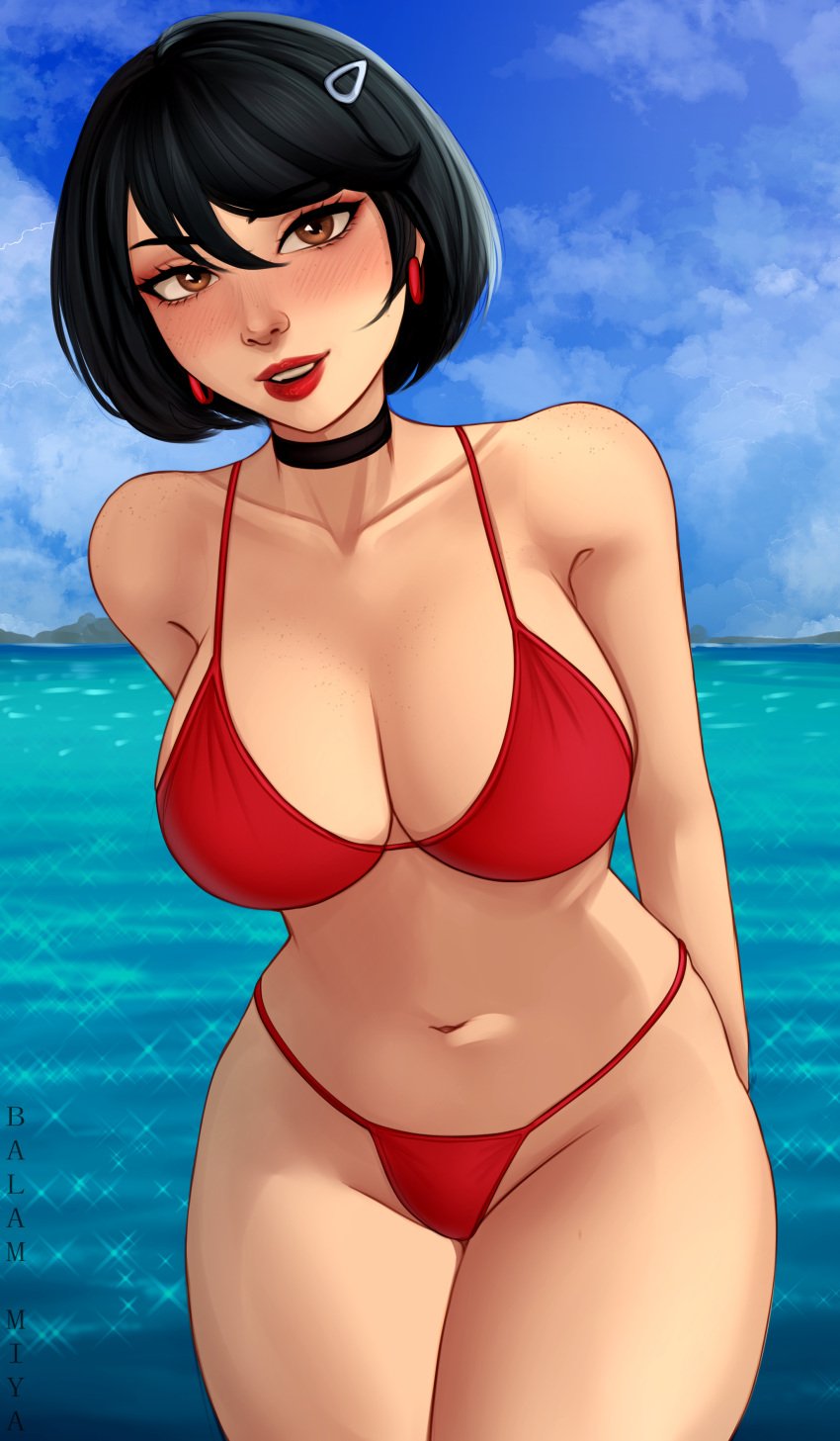 1girls balam_miya big_breasts bikini black_hair blush brown_eyes choker cleavage earrings evie_(fortnite) female fortnite fortnite:_battle_royale hairpin red_bikini red_lipstick short_hair thick_thighs water